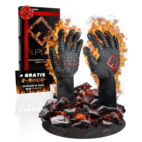FLIPLINE® Grillhandschuhe Hitzebeständig - Premium feuerfeste Handschuhe, Ofenhandschuhe, Kochhandschuhe, Backhandschuhe für Küche & Grill - BBQ Handschuhe inkl. Rezepte E-Book (M)
