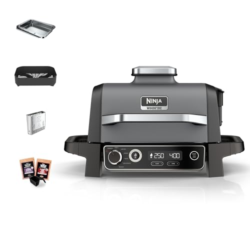 Ninja Woodfire Electric BBQ Grill & Smoker & Air Fryer, 7-in-1 Outdoor BBQ Grill, Air Fry, Smoke, Roast, Bake and more, Weather Resistant, Non-Stick, Portable, Electric, Grey/Black OG701EU
