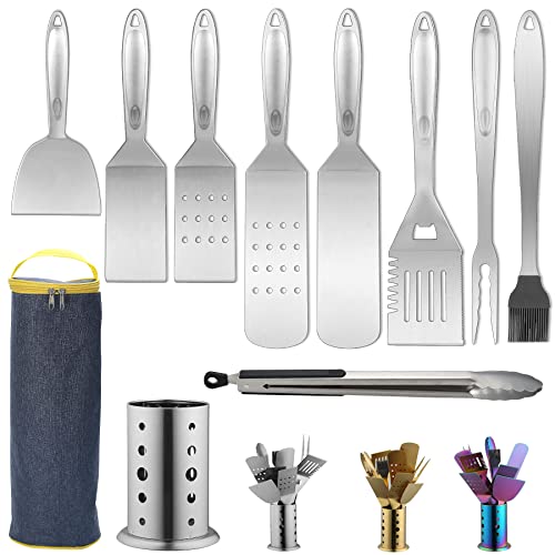 Berglander Grill Zubehör, Edelstahl BBQ Grillbesteck Set 10 teiliges mit einem Utensilienhalter, Edelstahlgriff, kein Schmelzen, kein Ablösen und hitzebeständig