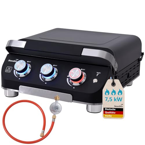 Skandika Gasplancha Palo | Gas Plancha Grillplatte, 3 Brenner, Abtropfschale, transportabler Gasgrill mit Kochplatte | Outdoor, Camping, Balkongrill, Tischgrill, Grillplancha, Gasbräter (mit Deckel)
