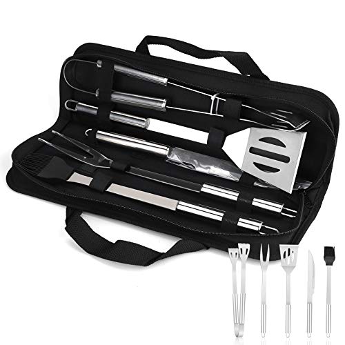 Grillbesteck Set,5-teilig Grillwerkzeug-Set,Grillzange, Grillwender, Grillbürste, Fleischgabel, Silikon-Backpinsel für Garten und Camping für Männer und Frauen