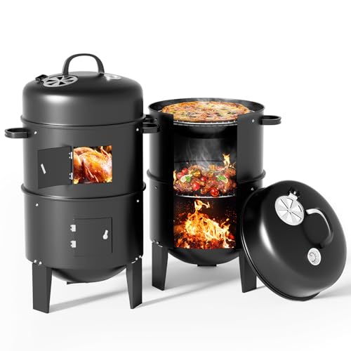 Warmiehomy Räucherofen 3 in 1, Räuchertonne Smoker Grill Holzkohlegrill mit Deckel, Eingebautem Thermometer und Verstellbaren Lüftungsschlitzen, Grilltonne für Hinterhof, Camping & Kochen, 80x40CM