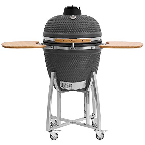BBQ-Toro Kamado Grill Ø 52 cm "KURO", Grau | Holzkohlegrill mit Bambusablage, Thermometer, Holzgriff, Rollen | Keramikgrill Kamado, Keramik Grill mit Aktivbelüftung, Grill mit Ablage