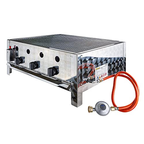 DEMA Edelstahl Gasbräter – 3-flammiger Gastrobräter mit 10 kW, Gasgrill & Tischgrill inkl. Grillrost