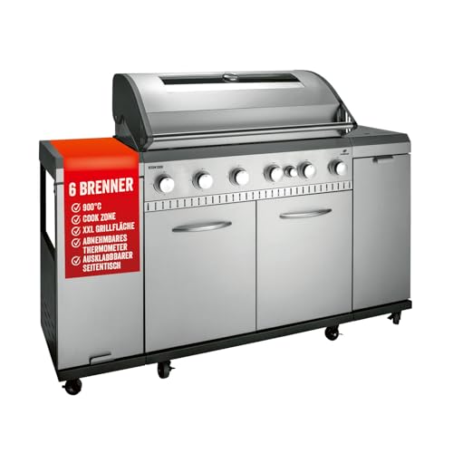 LANDMANN Rexon cooK PTS 6.1 Gasgrill | 6+1 stufenlos einstellbare Edelstahlbrenner | cooK-Zone für die perfekte Beilage | Doppelwandiger Deckel mit integriertem Thermometer & emaillierte Grillroste