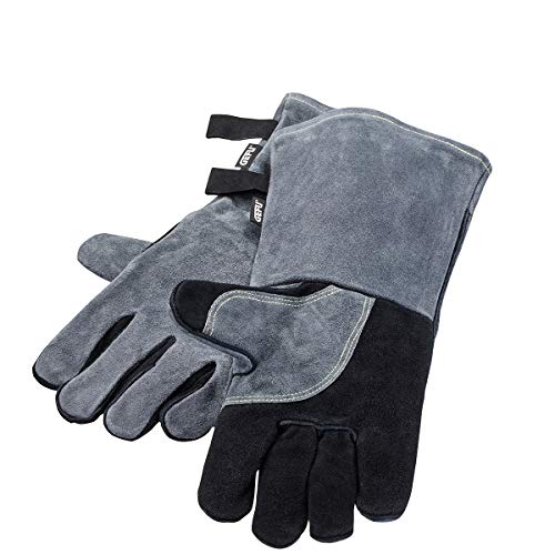 GEFU Grillhandschuhe BBQ aus Veloursleder – Hitzebeständig bis 350°C, Universalgröße mit langem Schaft, mit Baumwoll-Innenfutter & Aufhängöse – robust & stilvoll für Grill & Küche