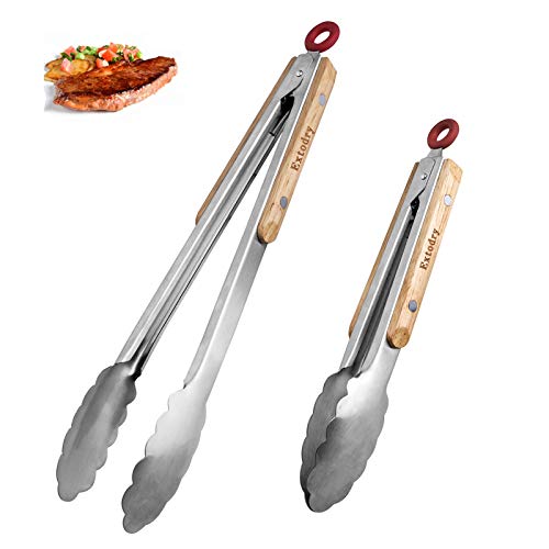 Extodry Robuste Küchenzange-Grillzange Edelstahl,leicht zu Haltender-Hitzebeständigen Holzgriffen Kochzange,Zum Fleisch,Spaghetti,Wurstzange,Zubehör für Küchenutensilien aus Metall