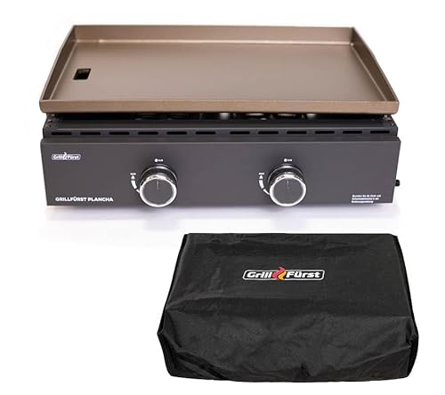Grillfürst Plancha Grill und Abdeckhaube für Plancha Grill- Planchagrill mit massiver Edelstahlplancha, 2 Edelstahlbrenner mit insgesamt 7 kW - für Fleisch, Fisch und Gemüse, 56 x 36 cm Grillfläche