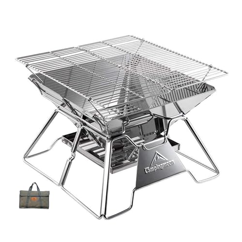 Campingmoon Campinggrill, Edelstahl, faltbar, tragbar, Holzkohlegrill, 35,6 cm, mit Tragetasche MT-2