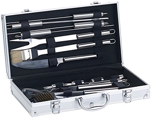 Rosenstein & Söhne Grillset: 14-teiliges Edelstahl-Grillbesteck-Set, Aluminium-Koffer, Grillbürste (Grillbestecksets, BBQ-Koffer, Geschenk Herren)