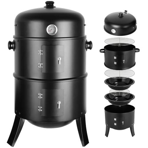 Räucherofen, 3 in 1 Smoker Grill Holzkohlegrill, Räuchertonne Räuchergrill Watersmoker, Räuchern Räucherofen mit Deckel & Thermometer, 2 Grillrost Edelstahl, 2 Wasserschale Emaille, Holzkohle Grill