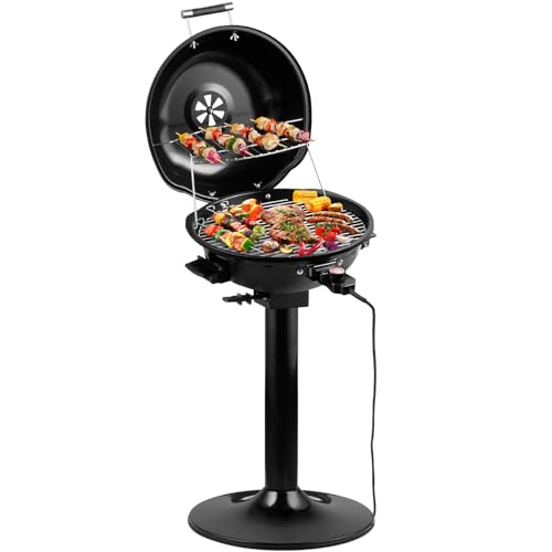 CUSIMAX Elektrogrill Standgrill mit Deckel und Standfuß, Regulierbare Temperatur und Fettauffangschale, 1600W Elektrischer Barbecue-Grill für Außennutzung, Balkon & Garten, Leichte Reinigung
