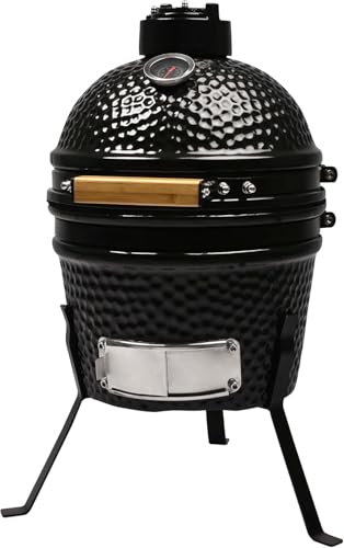 Mini Kamado Grill Ø 26,5 cm Holzkohle Keramikgrill Smooker BBQ Geringe Rauchentwicklung Schwarz Integriertes Thermometer Dreibeingestell für einen sicheren Stand