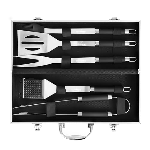 BURNHARD Grillbesteck-Set 4-TLG. 42 cm, Akazienholz Edelstahl, Grillzubehör mit Grillzange, Grillwender, Fleischgabel und Grillbürste mit extra-Langen Holzgriffen und Aufhänge-Ösen
