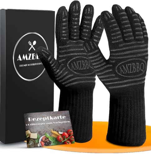 AMZBBQ® Premium Grillhandschuhe – Hitzebeständige Ofenhandschuhe bis 500°C – 100% Feuerfeste Kaminhandschuhe – Topf- und Backofenhandschuhe – Grill- und Dutch Oven Zubehör zum Verschenken M
