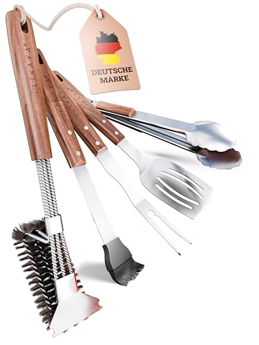 LIKAYA® Premium Grillbesteck-Set [5-TLG.] aus Edelstahl mit Akazienholz-Griff (Grillzange, Grillwender, Grillbürste, Grillgabel & Grillpinsel) – Perfektes Grillwerkzeug für Gasgrill & BBQ!