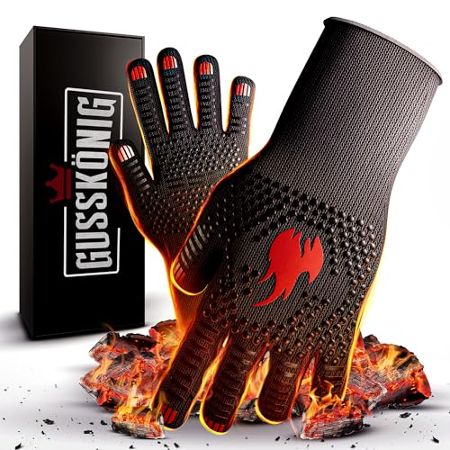GUSSKÖNIG Grillhandschuhe hitzebeständig bis 800 Grad (M) - feuerfeste Handschuhe aus Aramid - Grillhandschuh Kochhandschuhe für Indoor&Outdoor Kochen (Rot)