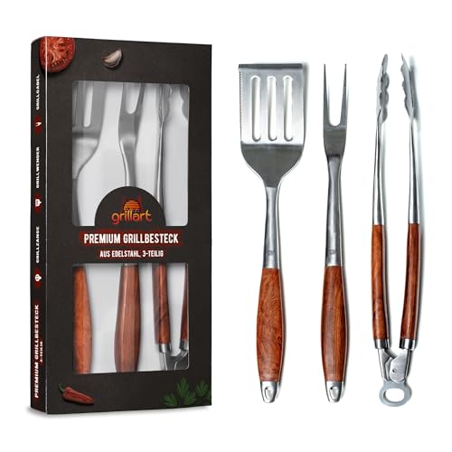 grillart® Premium Grillbesteck Set, 3-teilig aus hochwertigem Edelstahl und edlen Holzgriffen – Grillzange, Grillwender und Grillgabel mit extra langem Griff – das ideale Grillzubehör