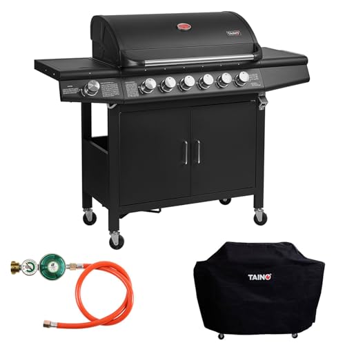 TAINO RED 6+1 Gasgrill Set Grillwagen BBQ Edelstahl-Brenner Griller 6 Brenner Seitenkocher