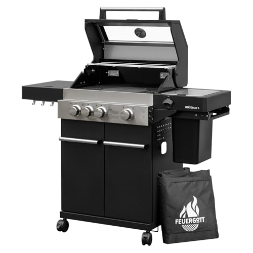 Feuergott Gasgrill Hektor 3B-S Edelstahl Gasgrillstation 3 Brenner, Infrarot Sear-Brenner, Gusseisen-Grillrost, Seitenkocher und Kochplatte Inkl. Abdeckhaube für Garten, Terrasse