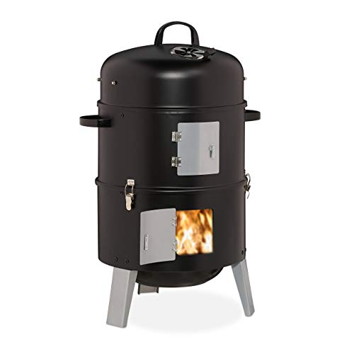 Relaxdays Smoker 3in1, zum Grillen, Räuchern & Garen, Thermometer & Luftabzug, BBQ Räuchertonne: ∅ 40 cm, Stahl, schwarz