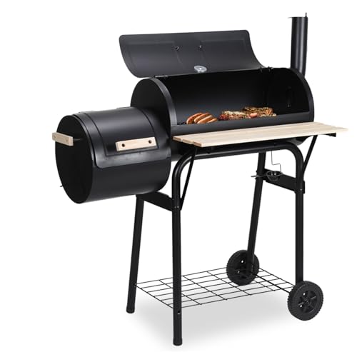 Jiubiaz BBQ Smoker, Tauch-Holzkohlegrill | Räuchern und Grillen in einem | Mit Thermometer, verstellbarem Abzug und Abluftkamin | Mit Holzablagen und Regalen