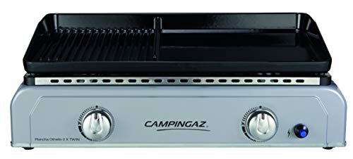 Campingaz Plancha Othello 2 X Twin, Gas Tischgrill, Gastrobräter mit zweigeteilter Grillplatte aus emailliertem Stahl und 2 Brennern, 6 kW Leistung, Tischgriller für mediterranes Grillen a la Plancha