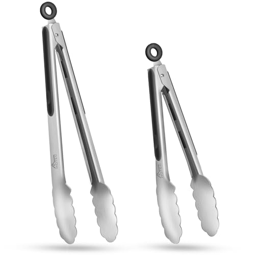 HOTEC Küchenzange Edelstahl Grillzange Hitzebeständigem Silikongriff, Verriegelbare Metallzange, Rutschfester Griff, 23 cm und 30,5 cm(Schwarz)