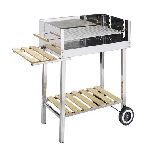 GLÜHZONE HKG 500, Grill XXL Edelstahl Grillwagen, Holzkohlegrill fahrbar mit Holzablage, 4-fach höhenverstellbarer großer Grillrost, langlebig