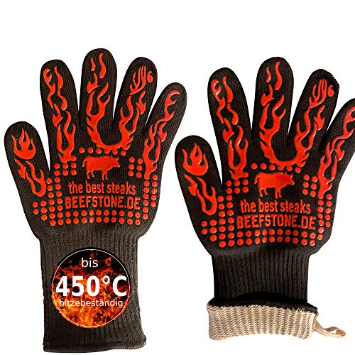 Feuerfeste Handschuhe BBQ - Grillhandschuhe by Beefstone - bis 450°C hitzebeständige, waschbare Ofenhandschuhe/Kochhandschuhe/Backhandschuhe aus Silikon/Deyan-Faser/Baumwolle 34cm, 1 Paar