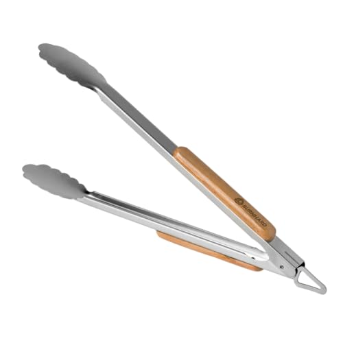 BURNHARD Lange Edelstahl Grillzange (45 cm) Akazien-Holzgriff, Grill-Zubehör, Aufhänge-Ösen
