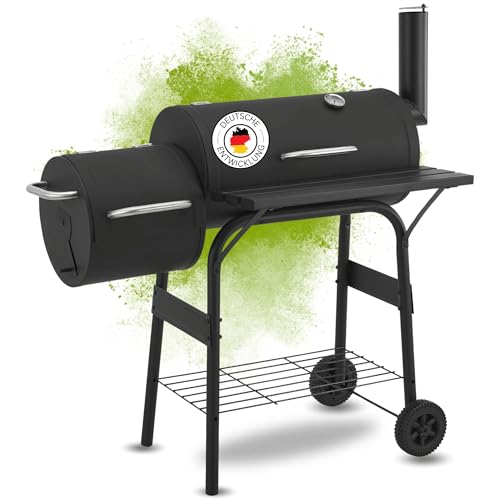 DELUKE® Smoker Grill Holzkohle BERND - mit Thermometer & Ablage | BBQ Grillwagen rund Holzkohlegrill Barbecue Grill aus Stahl Gartengrill