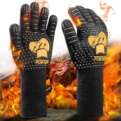FORTRY Grillhandschuhe Hitzebeständig Bis 800°C，Ofenhandschuhe rutschfest，Backhandschuhe Kochhandschuhe Atmungsaktiv,Feuerfeste Handschuhe Topfhandschuhe Kamin，für Grill BBQ (L-XXL)