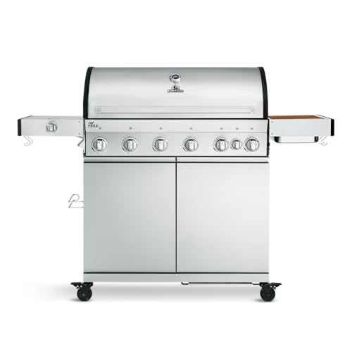 BURNHARD 6-Brenner Gasgrill Fat FRED Deluxe Series 3 inkl. Backburner, 900°C Infrarot-Keramikbrennern, Seitenkochfeld, Gusseisen-Grillrost, Grillabdeckung, Edelstahl Grillwagen, klappbare Seitentische