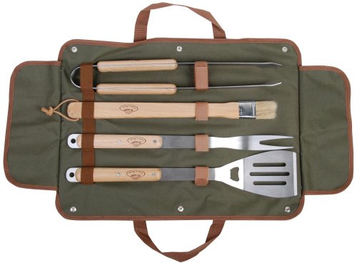 Esschert Design Grillbesteck in der Tasche, 4-teilig bestehen aus: Grillgabel, Grillzange, Wender, Pinsel