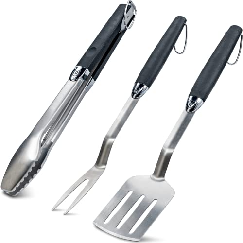 Grillbesteck Set dreiteilig 44 cm Grill Set mit Grillzange, Grillwender und Fleischgabel aus Edelstahl Grillset Grillzubehör rostfrei