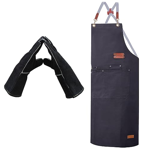 ETLEE Grillhandschuhe Hitzebeständig 300°C Leder + Grillschürze für Männer – Ofenhandschuhe & Kochschürze Herren mit Metallknöpfen, Grillzubehör Geschenk für BBQ, Küche