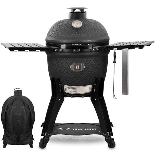 BBQ-Toro Kamado Grill Holzkohlegrill "Yoru" Ø 56 cm mit Seitenablagen, Thermometer | matt schwarz | Bubble Frosted Glaze | Ceramic Grill mit Rollen, Keramikgrill, BBQ Keramik Grill, Kugelgrill