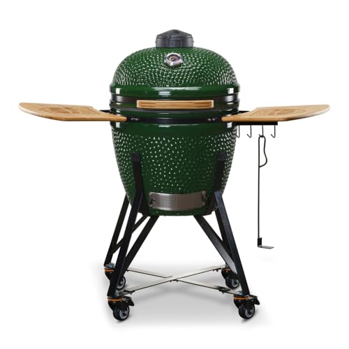 Kamado BONO Green Egg BBQ-Grill, Ø 55cm Kamado BBQ-Holzkohlegrill mit Dual-Zone-Grillsystem, Keramik-BBQ-Smoker zum Kochen, Räuchern und Backen