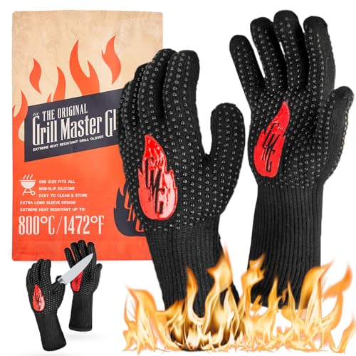 Grillhandschuhe Hitzebeständig bis 800°C von Grill Master Gloves, Bequeme & rutschfeste feuerfeste Handschuhe zum Kochen, Grillen & Feuerstelle, Waschbare Ofenhandschuhe - Ideales Grill zubehör